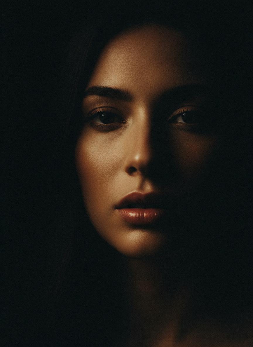 Dark close-up identity test for an AI influencer.